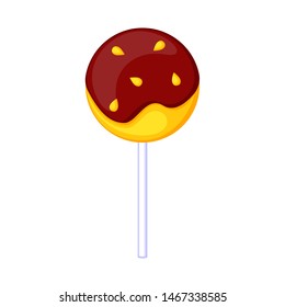 Colorful cartoon glazed lollipop. Sweet child treat. Birthday party themed vector illustration for icon, stamp, label, certificate, brochure, gift card, poster, coupon or banner decoration