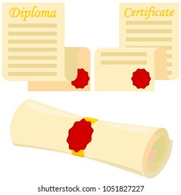Colorful cartoon graduation scroll set. Education themed vector illustration for gift card certificate sticker, badge, sign, stamp, logo, label, icon, poster, patch