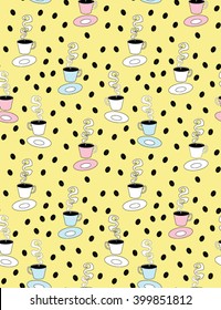 colorful cartoon graphic picture of a steaming dark coffee in the cup and saucer, black roast coffee beans on background seamless vector print pattern illustration