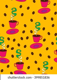 colorful cartoon graphic picture of a steaming dark coffee in the cup and saucer, black roast coffee beans on background seamless vector print pattern illustration