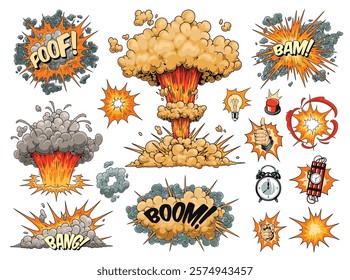 Colorful cartoon graphics depict various explosion effects with bold lettering. The artwork shows energetic bursts and dramatic expressions like boom bang and poof suitable for creative projects.