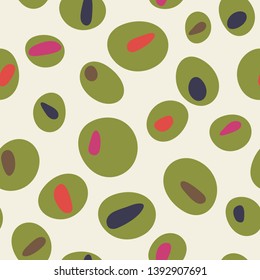 Colorful cartoon green olives pattern, seamless vector design. Quirky and stylish repeat illustration, perfect for restaurants and bars, martini events, parties, olive oil companies, flyers and menus.