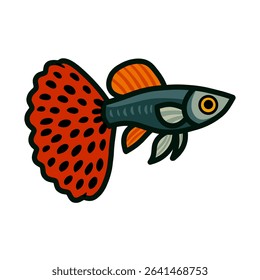 Colorful cartoon guppy fish, side view, with intricate patterns on the fins.
