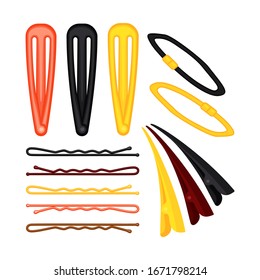 Colorful cartoon hair styling set Pins and scrunchy elastic band Hairdresser equipment vector illustration for icon, label, certificate, brochure, leaflet, coupon or banner decoration