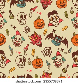 colorful cartoon halloween monsters seamless pattern