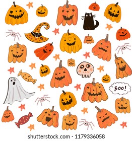 Colorful cartoon Halloween symbols set. 