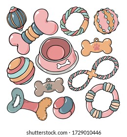 Colorful cartoon hand drawn dog stuff vector collection isolated on a white background. House pet concept. Puppy training equipment, accessories, treats