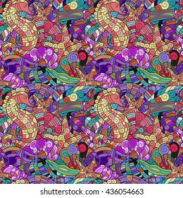 Colorful cartoon hand-drawn doodles on the subject of under water life theme seamless pattern. Detailed with lots of objects vector background