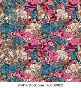 Colorful cartoon hand-drawn doodles on the subject of under water life theme seamless pattern. Detailed with lots of objects pastel blue pink vector background
