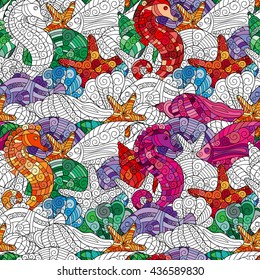 Colorful cartoon hand-drawn doodles on the subject of under water life theme seamless pattern. Detailed with lots of objects vector background