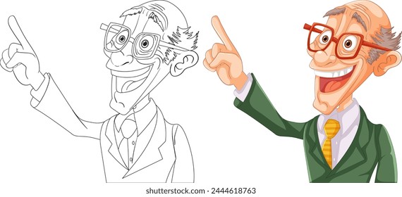 Colorful cartoon of a happy, gesturing scientist