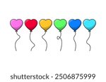 Colorful cartoon heart balloons. Heart balloons for birthday, wedding and party. Flying balloons with string.