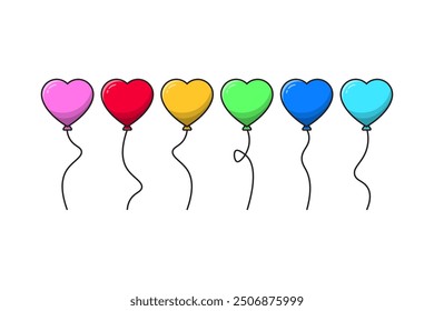 Colorful cartoon heart balloons. Heart balloons for birthday, wedding and party. Flying balloons with string.