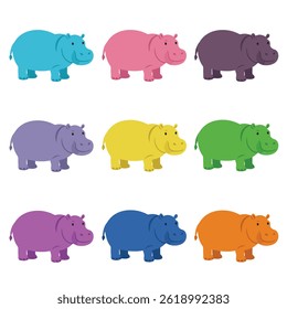 Colorful Cartoon Hippos in Various Poses and Expressions for Fun Designs

