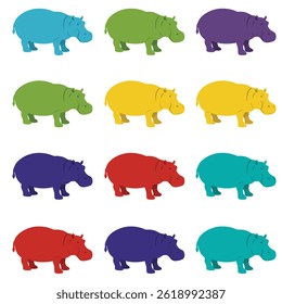Colorful Cartoon Hippos in Various Poses and Expressions for Fun Designs

