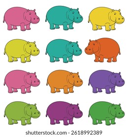 Colorful Cartoon Hippos in Various Poses and Expressions for Fun Designs

