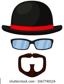 Colorful cartoon hipster avatar set. Bowler hat, glasses, goatee moustache and beard. Fashion vector illustration for certificate sticker, stamp logo, label, icon, poster, patch, banner