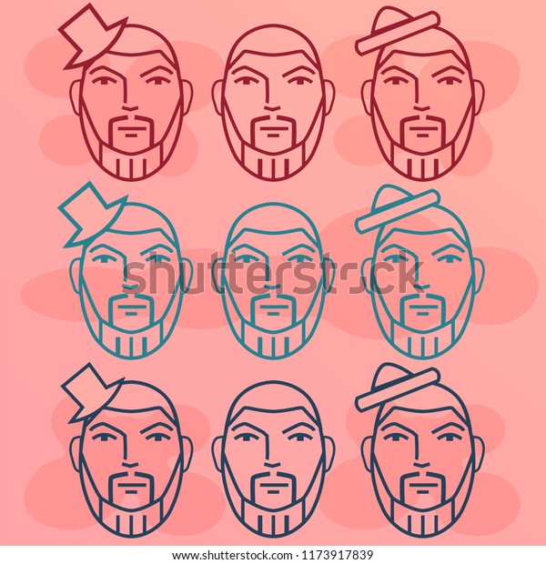 Colorful Cartoon Hipsters Bearded Men Guys Stock
