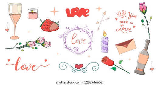 Colorful cartoon holiday's set.Collection of  cute romantic elements for happy valentine's day, wedding, anniversary etc. Hand Drawn Objects for postcards, gifts, tags, prints