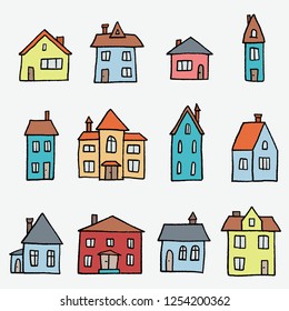 Colorful cartoon home set - cute doodle style vector illustration.