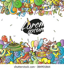 Colorful cartoon horizontal border of party objects hand drawn with field for text. Vector illustration in outline style