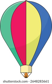 Colorful cartoon hot air balloon with teal, pink, yellow, and blue panels. Simple vector illustration with a beige basket and flame at the bottom.