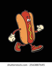 Colorful cartoon hot dog character in sneakers, confidently striding forward. Perfect design for fast food lovers and playful, energetic themes on apparel or merchandise.