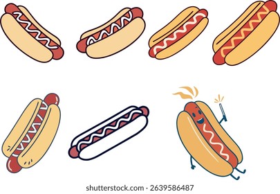 Colorful Cartoon Hot Dogs Variety Food Illustration
