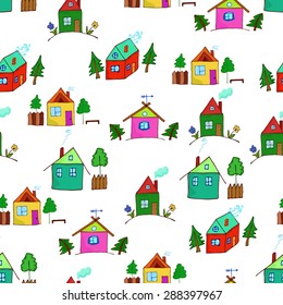 Colorful cartoon houses collection. Vector illustration of the different houses. Collection of cute houses in a whimsical childlike style.   Seamless pattern for design or scrapbook.