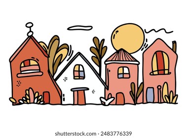 Colorful Cartoon Houses Doodle Vector Illustration