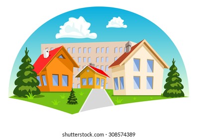 Colorful cartoon houses on white background. Vector