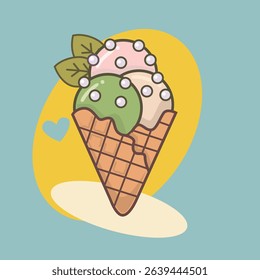 Colorful cartoon ice cream cone with three scoops in pink, green, and white, decorated with sprinkles and leaves, set against a bright pastel background, perfect for summer and dessert themes.