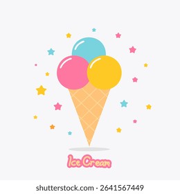 Colorful cartoon ice cream cone with triple scoops and sprinkles. Fun vector for party themes, kids illustrations, dessert packaging, and vibrant summer designs
