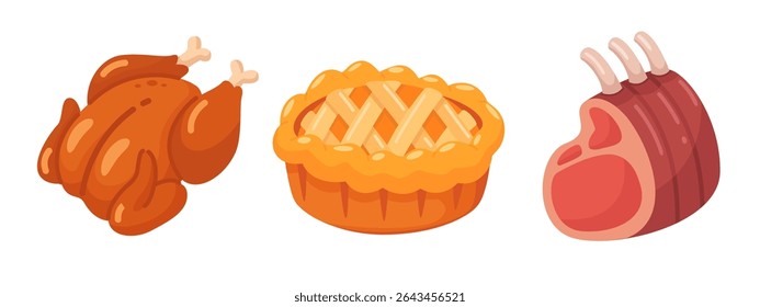 Colorful cartoon icons of roast chicken, pie, and rack of lamb, perfect for culinary projects and food-related designs.