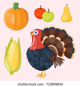 Colorful cartoon icons for thanksgiving day pumpkin holiday vector turkey design autumn season celebration