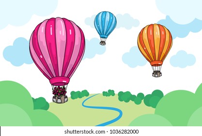 Colorful cartoon illustration of air hot balloons over the landscape, with tulips bouquet in the basket