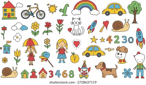 Colorida ilustración de dibujos animados con animales, objetos, números, niños, arco iris, flores, vehículos, diseño juguetón, Elementos educativos, personajes divertidos, estilo caprichoso, aprendizaje visual