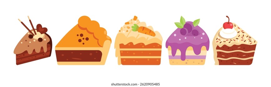 Colorful cartoon illustration of assorted cake slices, perfect for adding a sweet touch to any design or project.