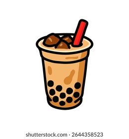 A colorful cartoon illustration of a boba tea drink with ice cubes and a red straw, isolated on a white background. The drink has a light brown color.