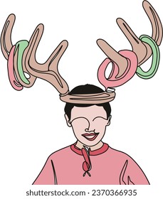 Colorful Cartoon Illustration: Boy with Playful Deer Horns, Sketch Drawing of a Boy Wearing Fun Deer Horns on White, Playful Boy with Deer Antlers: Cartoon Illustration in Color
