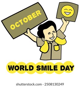 Colorful cartoon illustration celebrating World Smile Day in October, featuring a happy character. Perfect for conveying joy and positivity.