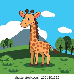 A colorful cartoon illustration of a cheerful giraffe standing in a vibrant grassland. The background features a serene mountain landscape with a clear blue sky, fluffy clouds, and scattered green 