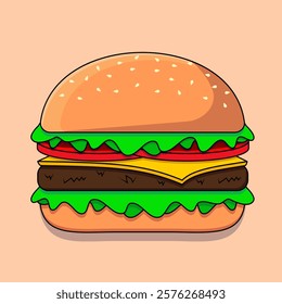 Colorful cartoon illustration of a cheeseburger with a sesame seed bun, crisp lettuce, juicy tomato slices, a slice of cheese, and a beef patty, set against a solid beige background.