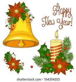 Colorful cartoon illustration of Christmas bells on a white background. Set of elements for your design. Stock vector. Happy new year.