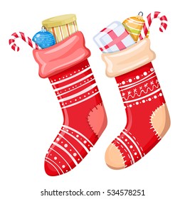 Colorful cartoon illustration of Christmas socks with presents on white background. Vector.