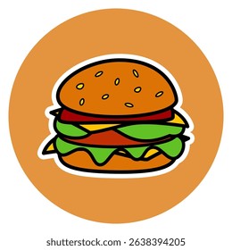 Colorful cartoon illustration of a delicious burger with lettuce, tomato, cheese, and sesame seed bun. Perfect for food-related content, menus, and children’s educational materials.
