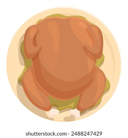 Colorful cartoon illustration of a delicious roasted chicken on a plate, perfect for dinner or a festive meal, with a simplistic and wholesome design, isolated on a white background