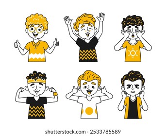 Colorful Cartoon Illustration Depicting Six Doodle Kids Characters Expressing Various Childlike Emotions