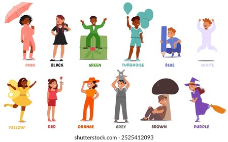 Colorful Cartoon Illustration Of Diverse Children Representing Different Colors Through Fun And Engaging Outfits And Activities Designed To Inspire Creativity And Inclusivity In An Educational Setting