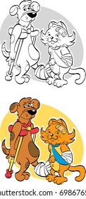 Colorful cartoon illustration of a dog and cat that have been injured. The dog is using crutches while the cat has an arm in a sling.